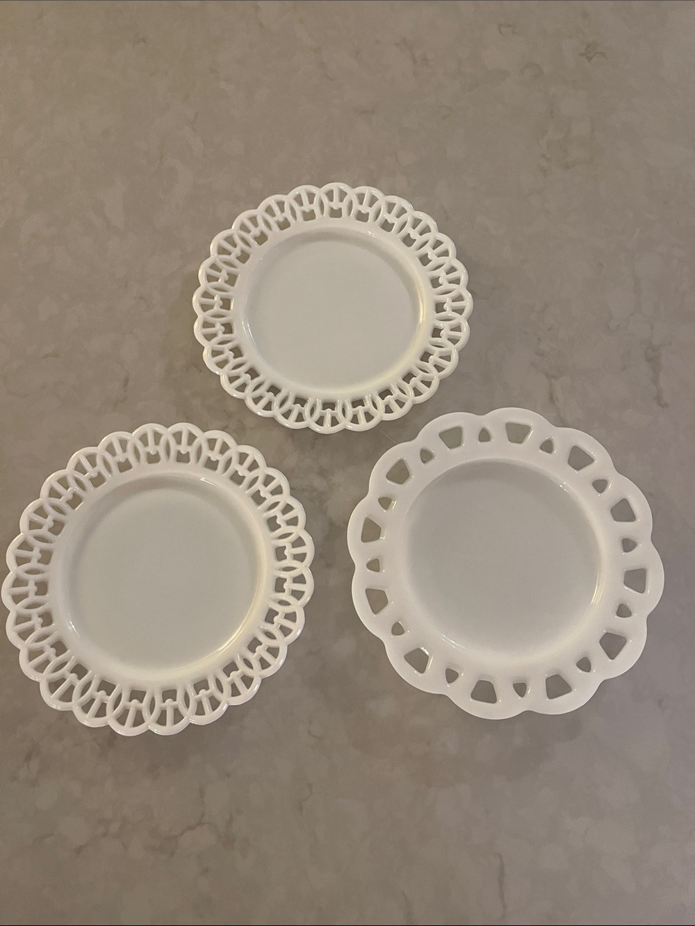 Lot of 3 Vintage White Milk Glass Dessert Plates w/ Scalloped cut out edge
